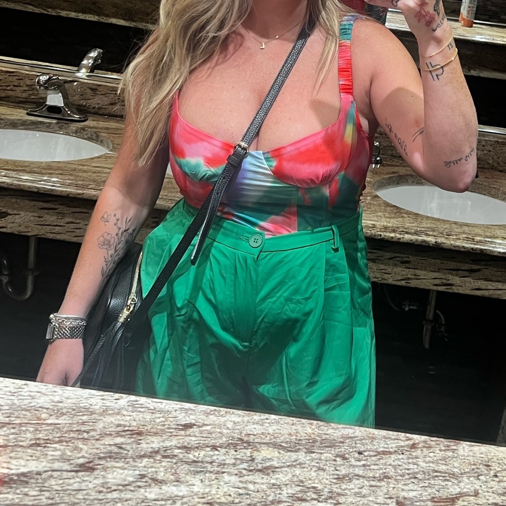 Oscar Street Corset Top Size M Watercolor Print Elastic Shirred Back